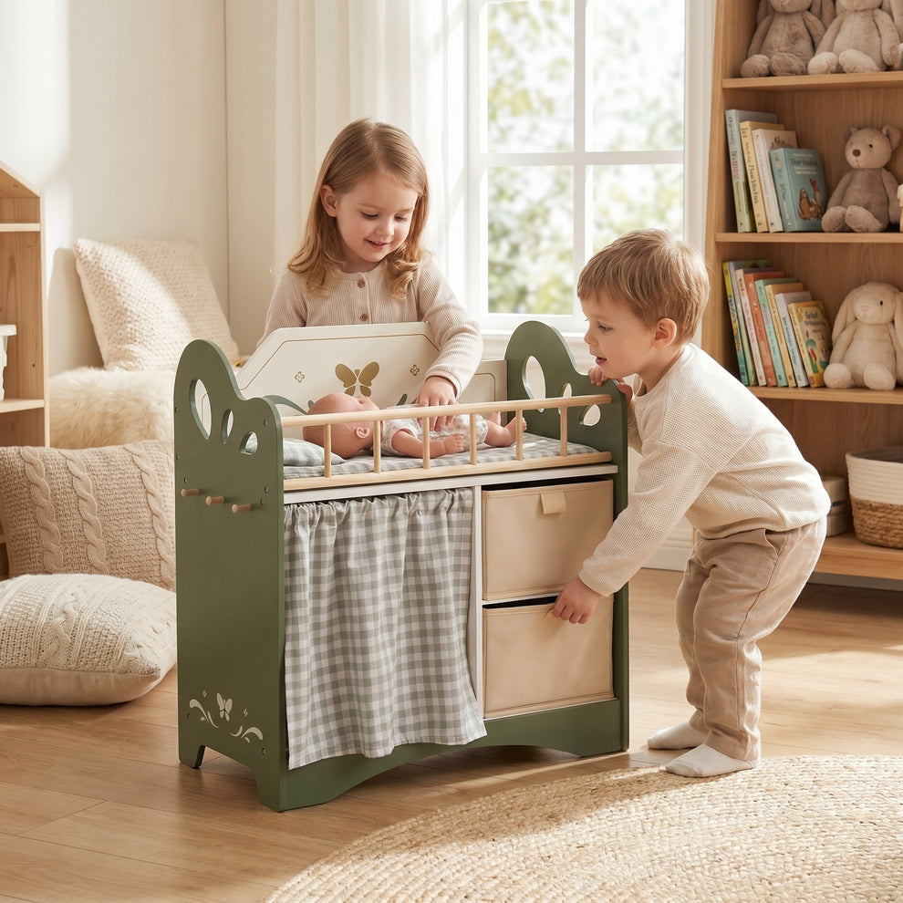Lit de Poupée en Bois avec Penderie & Armoire de Rangement