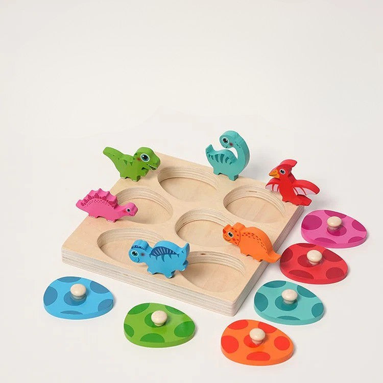Puzzle d'Encastrement en Bois Éclosion de Dinosaures Montessori