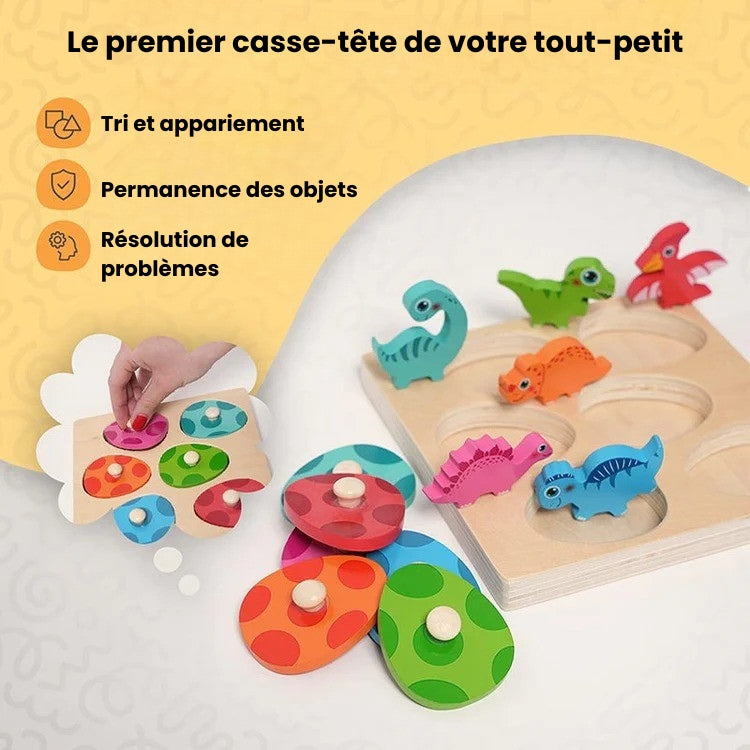 Puzzle d'Encastrement en Bois Éclosion de Dinosaures Montessori