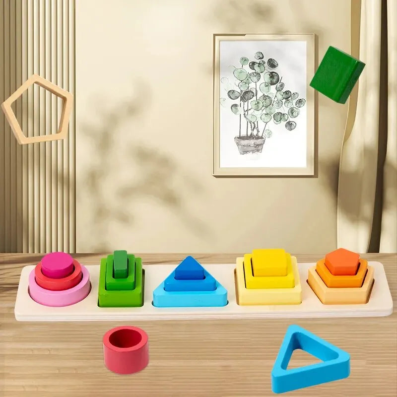 Planche d'Empilage Géométrique en Bois  Montessori