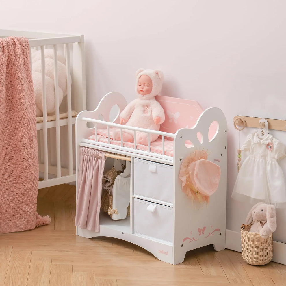 Lit de Poupée en Bois avec Penderie & Armoire de Rangement