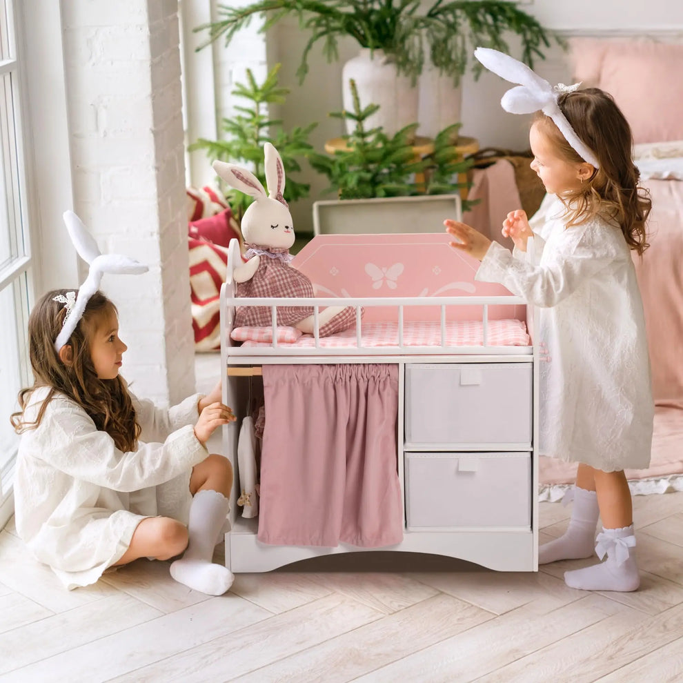 Lit de Poupée en Bois avec Penderie & Armoire de Rangement