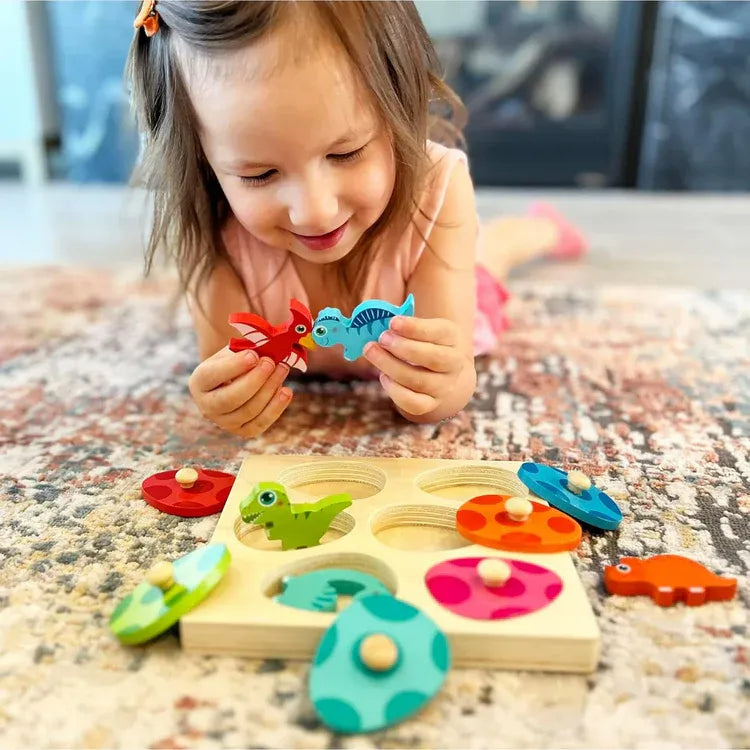 Puzzle d'Encastrement en Bois Éclosion de Dinosaures Montessori