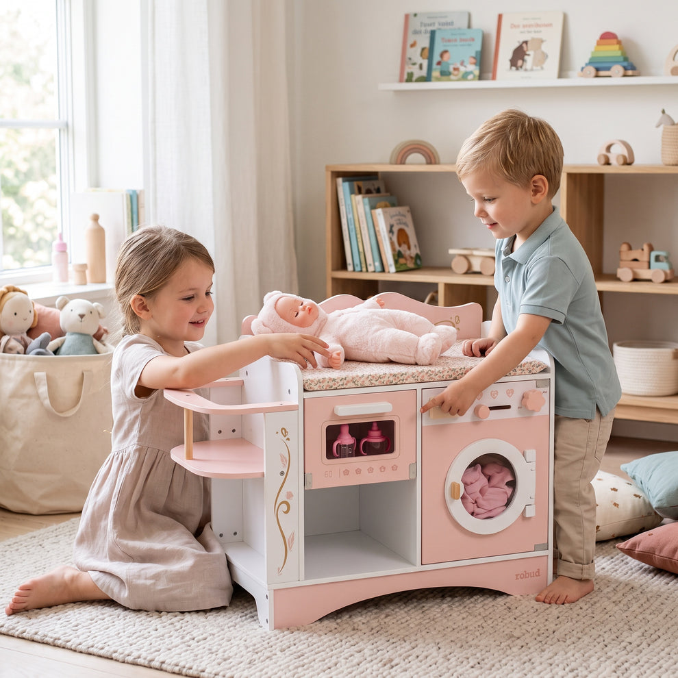 Centre de Soins & Table à Langer en Bois 6-en-1 pour Poupée Montessori