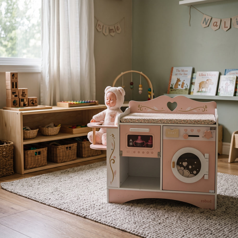 Centre de Soins & Table à Langer en Bois 6-en-1 pour Poupée Montessori